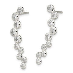 QE13644 Sterling Silver Rhod-plated Polished Bezel CZ Post Ear Climber Earrings