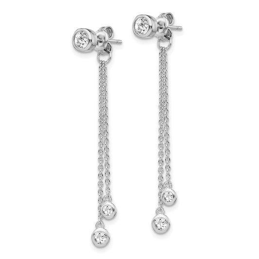 QE13650 Sterling Silver RH-plated CZ & Chain Front & Back Post Dangle Earrings