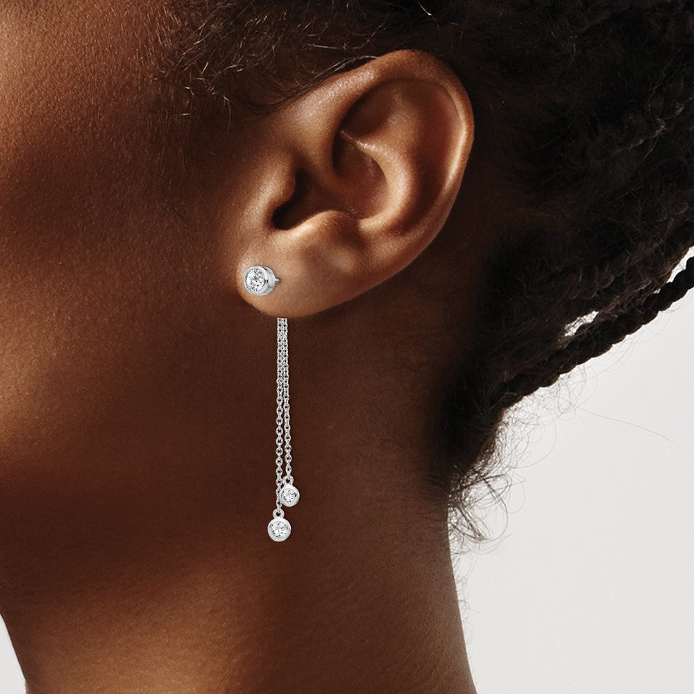 QE13650 Sterling Silver RH-plated CZ & Chain Front & Back Post Dangle Earrings