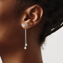 QE13650 Sterling Silver RH-plated CZ & Chain Front & Back Post Dangle Earrings