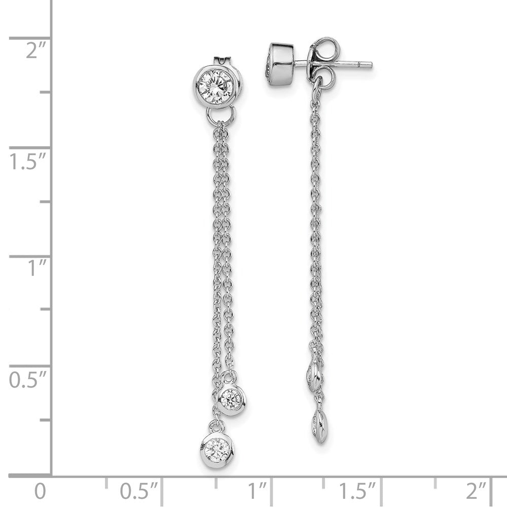 QE13650 Sterling Silver RH-plated CZ & Chain Front & Back Post Dangle Earrings