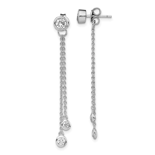 QE13650 Sterling Silver RH-plated CZ & Chain Front & Back Post Dangle Earrings