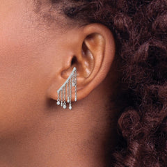 QE13662 Sterling Silver Rhodium-plated Polished Fancy CZ Dangle Ear Climber Earring