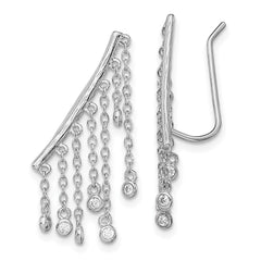 QE13662 Sterling Silver Rhodium-plated Polished Fancy CZ Dangle Ear Climber Earring