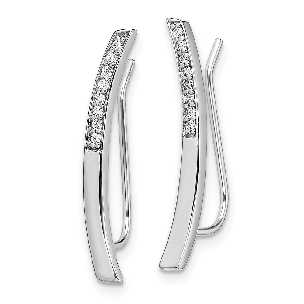 QE13669 Sterling Silver Rhodium-plated Polished CZ Curved Bar Ear Climber Earrings