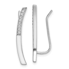 QE13669 Sterling Silver Rhodium-plated Polished CZ Curved Bar Ear Climber Earrings