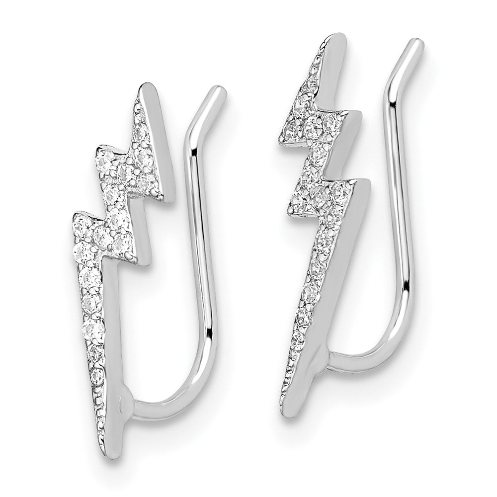 QE13670 Sterling Silver Rhodium-plated Polished CZ Lightning Bolt Ear Climber Earri