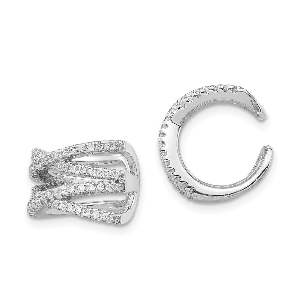 QE13685 Sterling Silver Rhodium-plated Polished CZ Double 'X' Single Cuff Earring