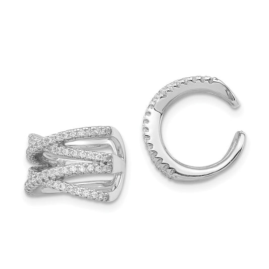 QE13685 Sterling Silver Rhodium-plated Polished CZ Double 'X' Single Cuff Earring