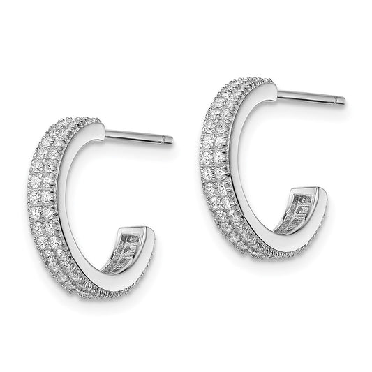 QE13742 Sterling Silver Rhodium-plated CZ 14x3.5mm C-Hoop Post Earrings
