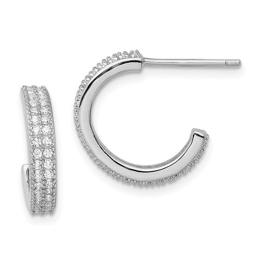 QE13742 Sterling Silver Rhodium-plated CZ 14x3.5mm C-Hoop Post Earrings