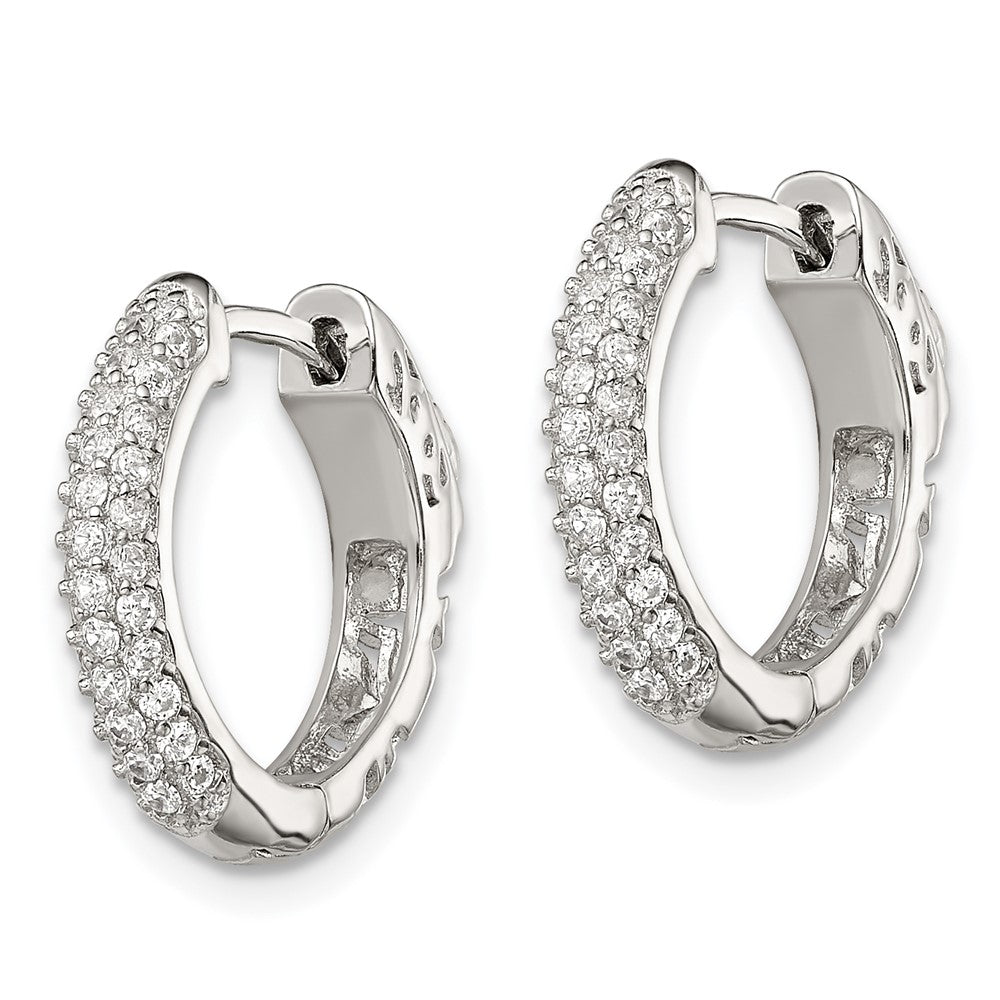QE13744 Sterling Silver Rhod-plated Pav�� CZ Safety Lock Hinged Hoop Earrings