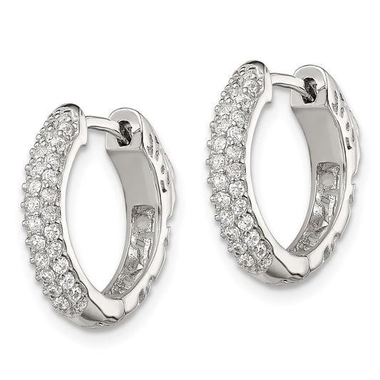 QE13744 Sterling Silver Rhod-plated Pav�� CZ Safety Lock Hinged Hoop Earrings