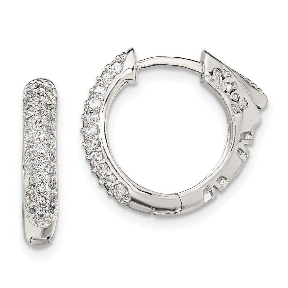 QE13744 Sterling Silver Rhod-plated Pav�� CZ Safety Lock Hinged Hoop Earrings