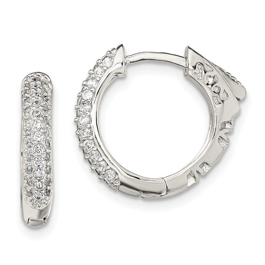 QE13744 Sterling Silver Rhod-plated Pav�� CZ Safety Lock Hinged Hoop Earrings