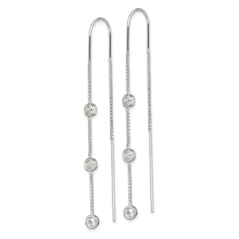 QE13749 Sterling Silver Polished 3 Bezel Set CZs Threader Earrings