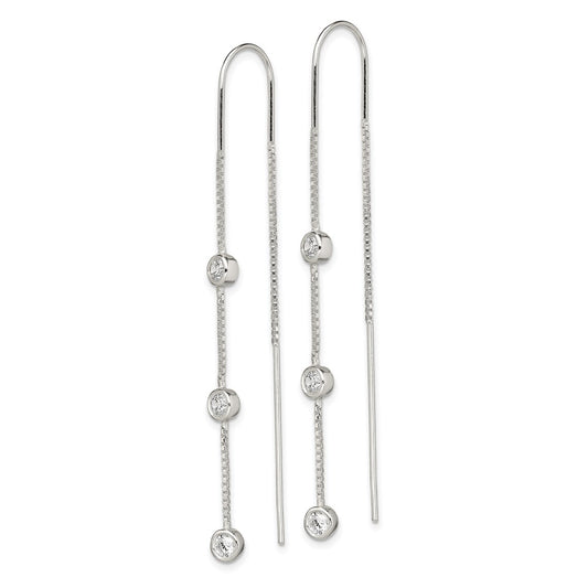 QE13749 Sterling Silver Polished 3 Bezel Set CZs Threader Earrings