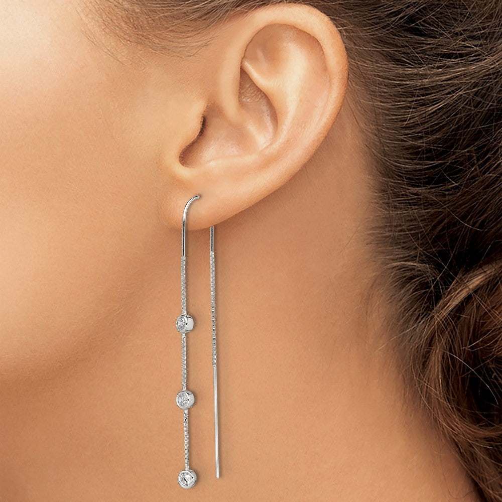 QE13749 Sterling Silver Polished 3 Bezel Set CZs Threader Earrings