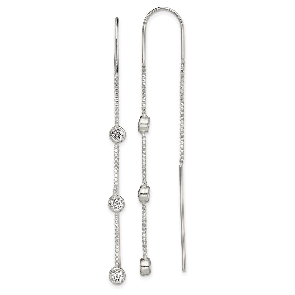 QE13749 Sterling Silver Polished 3 Bezel Set CZs Threader Earrings