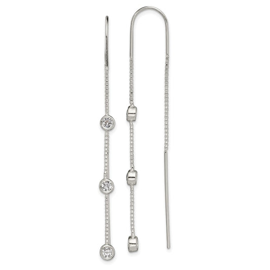 QE13749 Sterling Silver Polished 3 Bezel Set CZs Threader Earrings