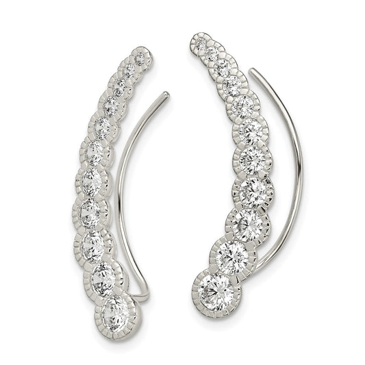 QE13759 Sterling Silver Polished & Textured Graduated CZ Ear Climber Earrings