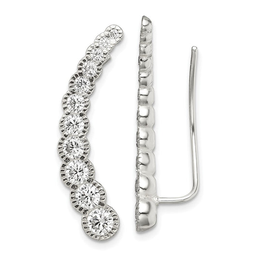 QE13759 Sterling Silver Polished & Textured Graduated CZ Ear Climber Earrings