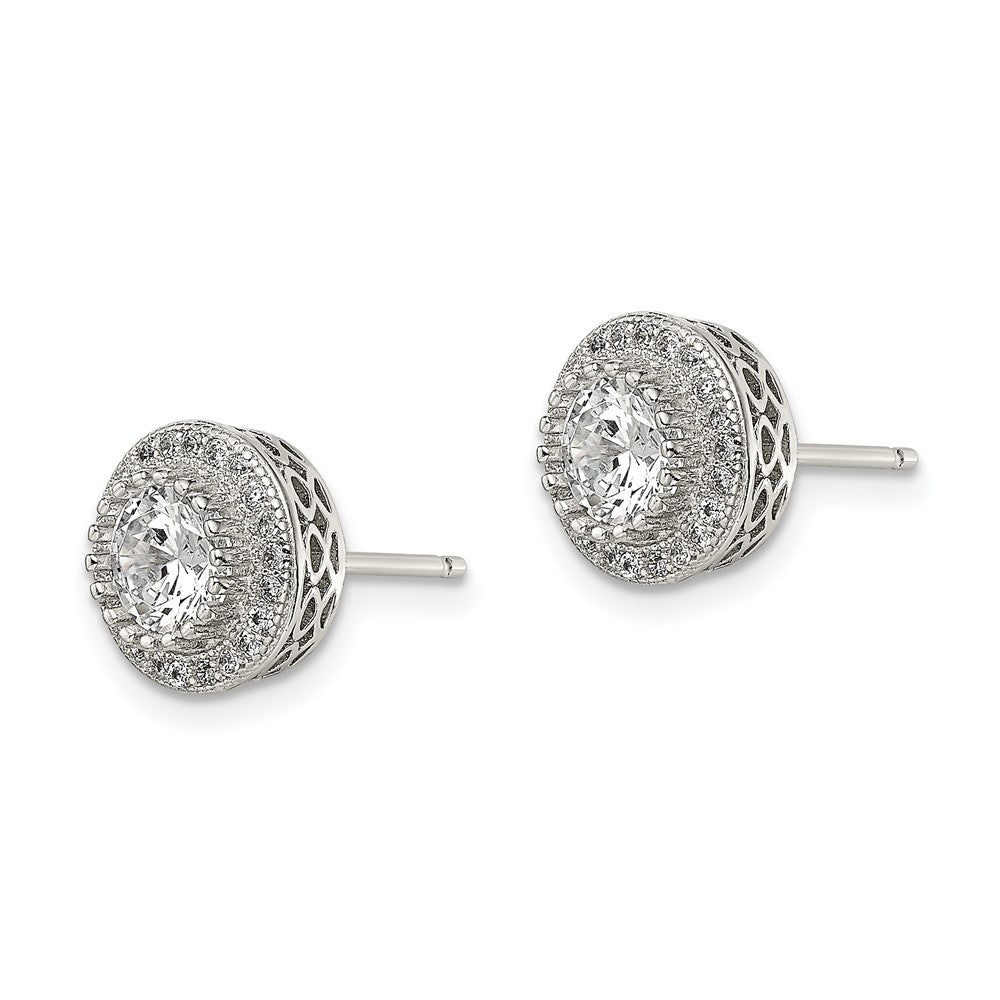 QE13763 Sterling Silver Rhod-plated Polished Pav������ CZ Halo Round Post Earrings