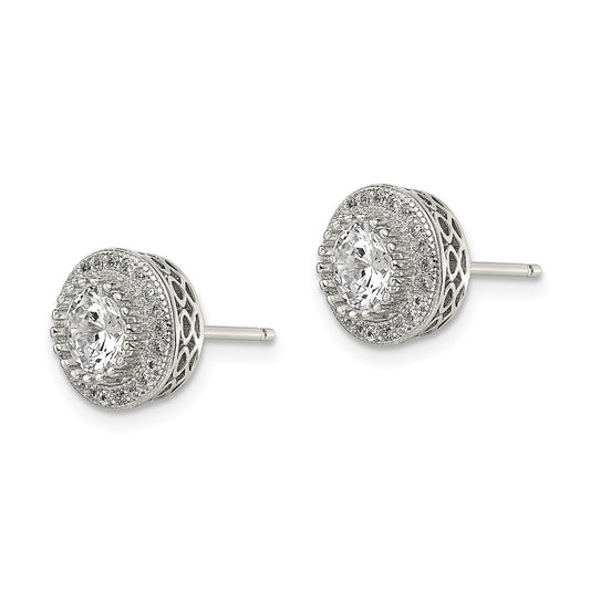QE13763 Sterling Silver Rhod-plated Polished Pav������ CZ Halo Round Post Earrings