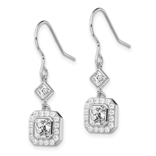 QE13768 Sterling Silver Rhodium-plated Polished Square CZ Halo Dangle Earrings