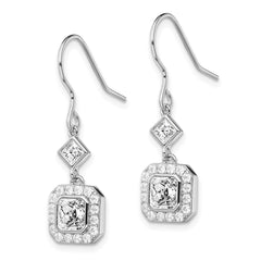 QE13768 Sterling Silver Rhodium-plated Polished Square CZ Halo Dangle Earrings