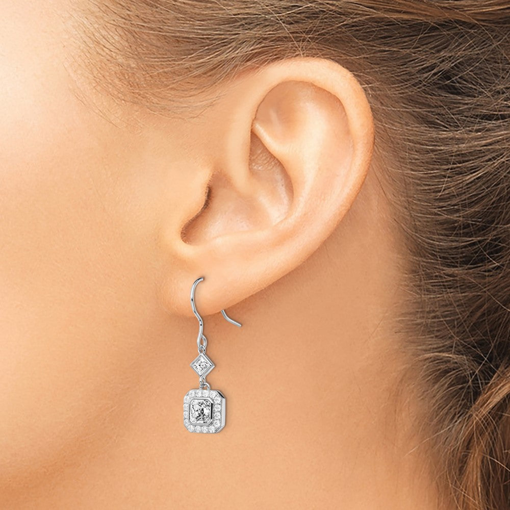 QE13768 Sterling Silver Rhodium-plated Polished Square CZ Halo Dangle Earrings
