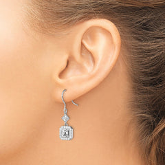 QE13768 Sterling Silver Rhodium-plated Polished Square CZ Halo Dangle Earrings