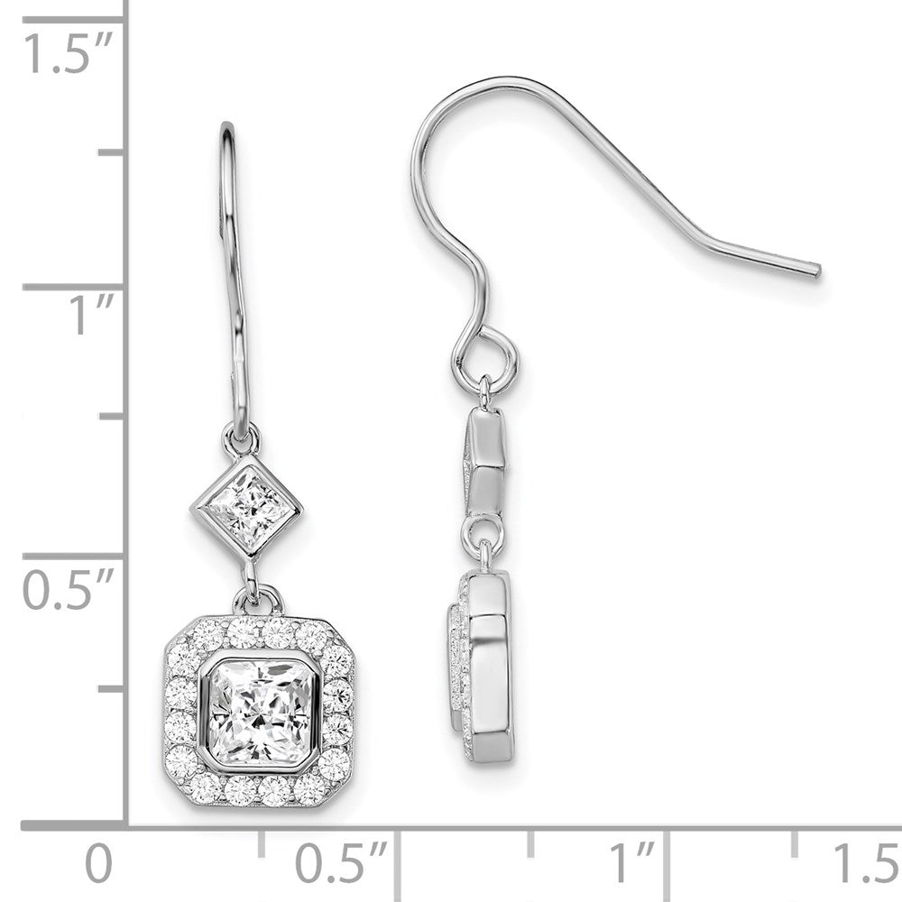 QE13768 Sterling Silver Rhodium-plated Polished Square CZ Halo Dangle Earrings