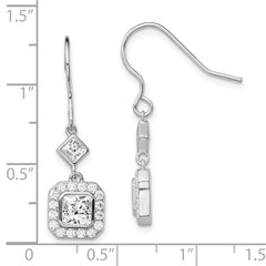 QE13768 Sterling Silver Rhodium-plated Polished Square CZ Halo Dangle Earrings