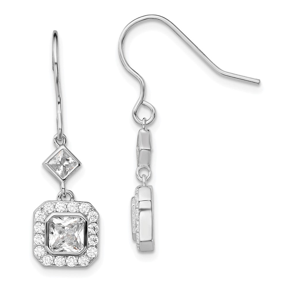 QE13768 Sterling Silver Rhodium-plated Polished Square CZ Halo Dangle Earrings