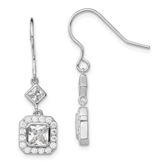QE13768 Sterling Silver Rhodium-plated Polished Square CZ Halo Dangle Earrings
