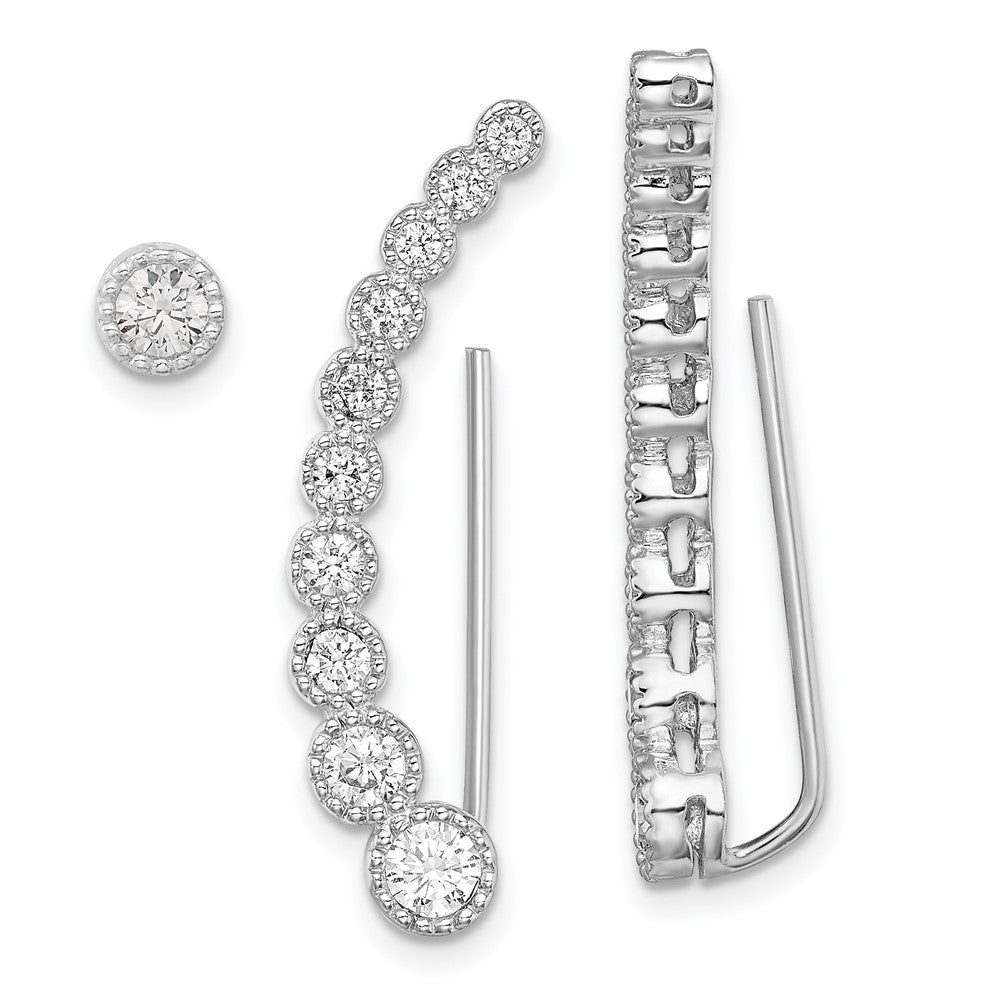 QE13770 Sterling Silver RH-plated Polished & Textured CZ 1 Ear Climber & 1 Stud Ear