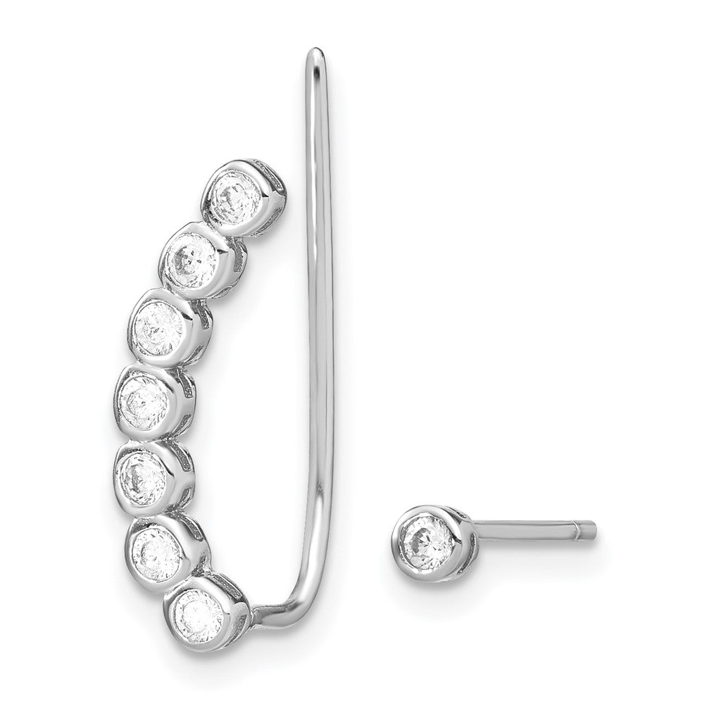 QE13771 Sterling Silver Rhodium-plated Polished CZ 1 Ear Climber & 1 Stud Earring