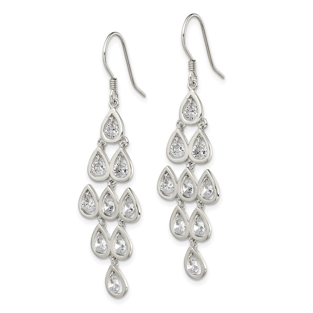 QE13789 Sterling Silver RH-pltd Polished Fancy Pear CZ Chandelier Dangle Earrings