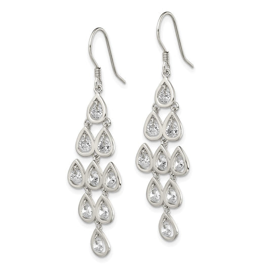 QE13789 Sterling Silver RH-pltd Polished Fancy Pear CZ Chandelier Dangle Earrings