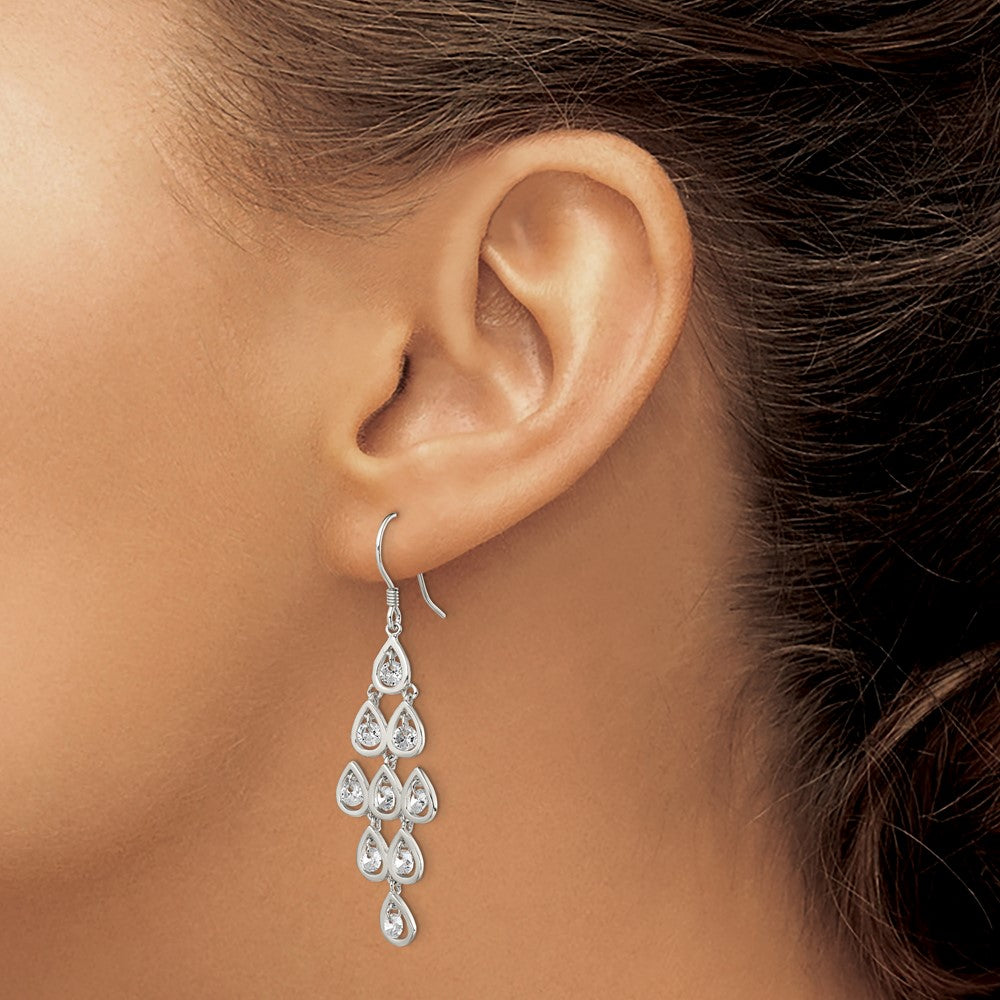 QE13789 Sterling Silver RH-pltd Polished Fancy Pear CZ Chandelier Dangle Earrings