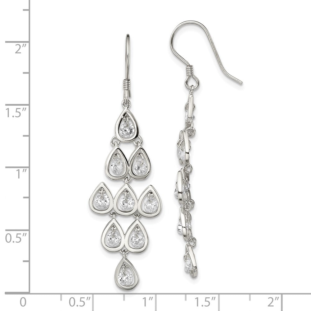 QE13789 Sterling Silver RH-pltd Polished Fancy Pear CZ Chandelier Dangle Earrings