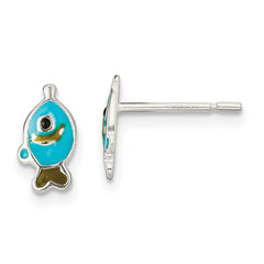 QE13832 Sterling Silver Polished Enameled Fish Post Earrings