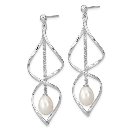 QE13852 Sterling Silver Rhodium-plated 7-8mm White Rice Freshwater Cultured Pearl Post Dangle Earring