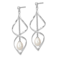 QE13852 Sterling Silver Rhodium-plated 7-8mm White Rice Freshwater Cultured Pearl Post Dangle Earring