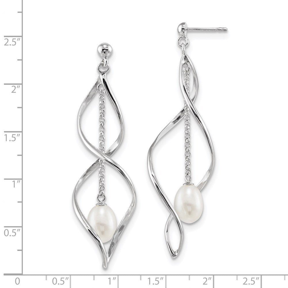 QE13852 Sterling Silver Rhodium-plated 7-8mm White Rice Freshwater Cultured Pearl Post Dangle Earring
