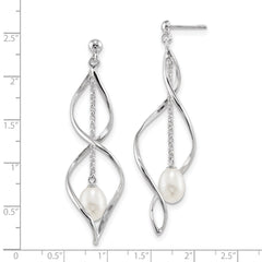 QE13852 Sterling Silver Rhodium-plated 7-8mm White Rice Freshwater Cultured Pearl Post Dangle Earring