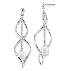 QE13852 Sterling Silver Rhodium-plated 7-8mm White Rice Freshwater Cultured Pearl Post Dangle Earring