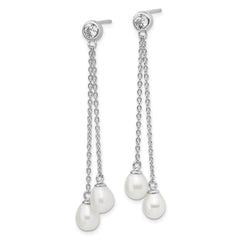 QE13853 Sterling Silver Rhodium-plated 6-7mm White Rice Freshwater Cultured Pearl and CZ Post Dangle Earrings