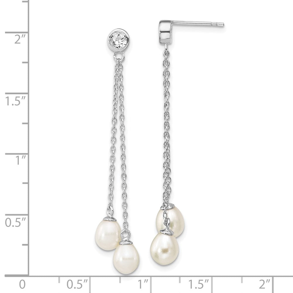 QE13853 Sterling Silver Rhodium-plated 6-7mm White Rice Freshwater Cultured Pearl and CZ Post Dangle Earrings